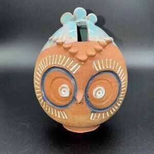 Pottery Owl Coin Bank Figurine Red Clay Signed Copeland Blue Glaze